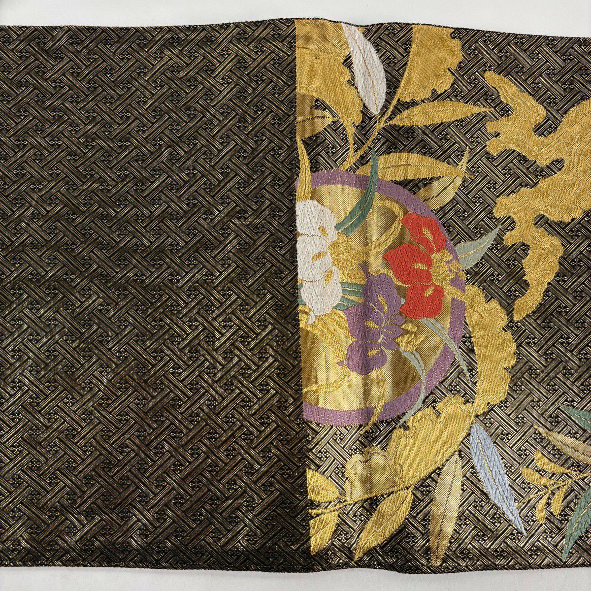 【美品】 袋帶 秀品級 圓文 草花紋紋 金金箔 唐織 黑 六通 純蠶絲