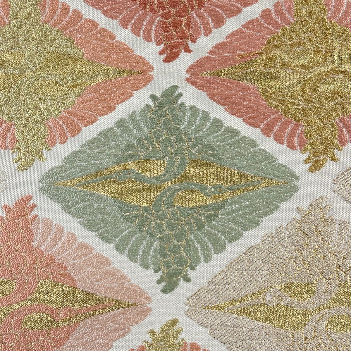 【美品】 袋帶 秀品級 向仙鶴 菱 金絲 金金箔 米色 六通 純蠶絲