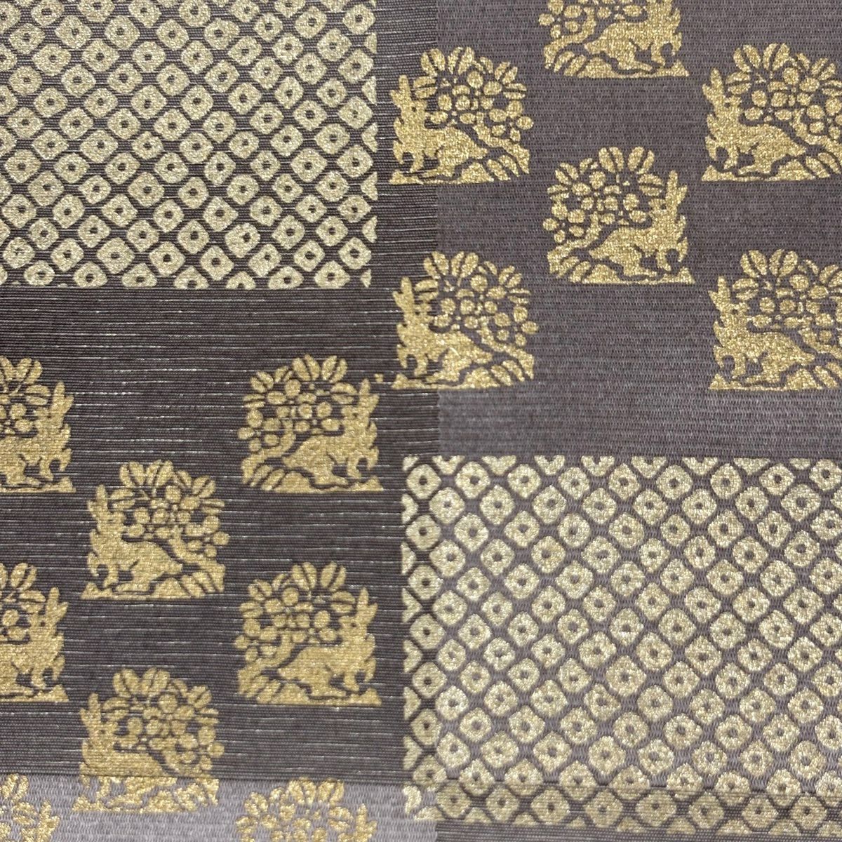 【美品】 袋帶 秀品級 落款あり 一期一會 變化市松樹 花兔 金銀彩 灰紫 六通 純蠶絲