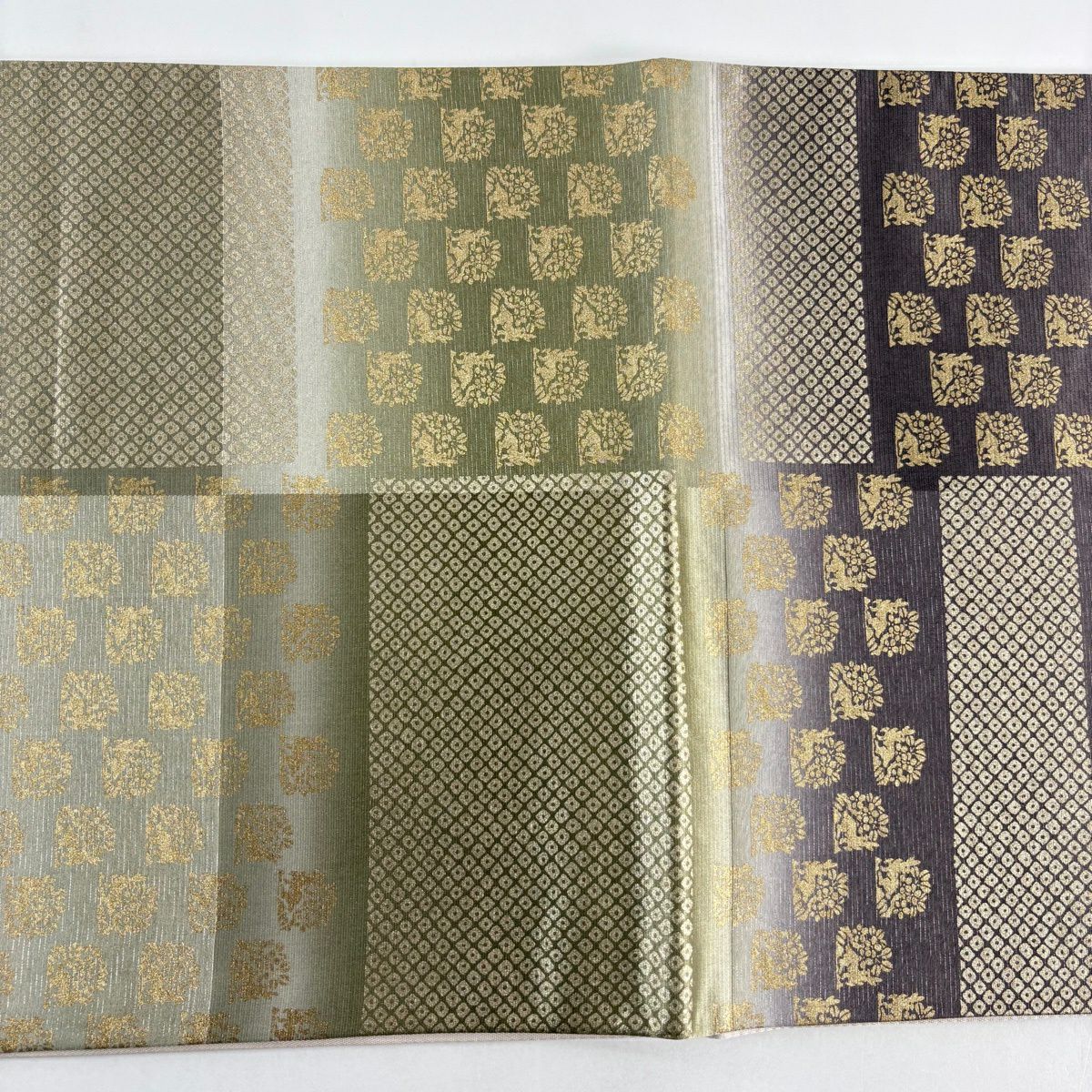 【美品】 袋帶 秀品級 落款あり 一期一會 變化市松樹 花兔 金銀彩 灰紫 六通 純蠶絲