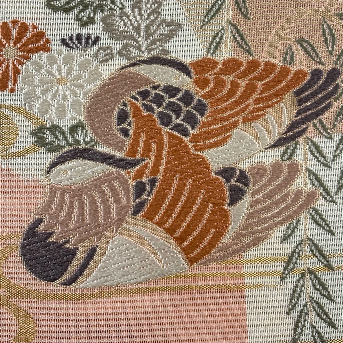 【美品】 袋帶 秀品級 夏帶 絽 鴛鴦 草花紋紋 刺繡 金金箔 米色 六通 純蠶絲