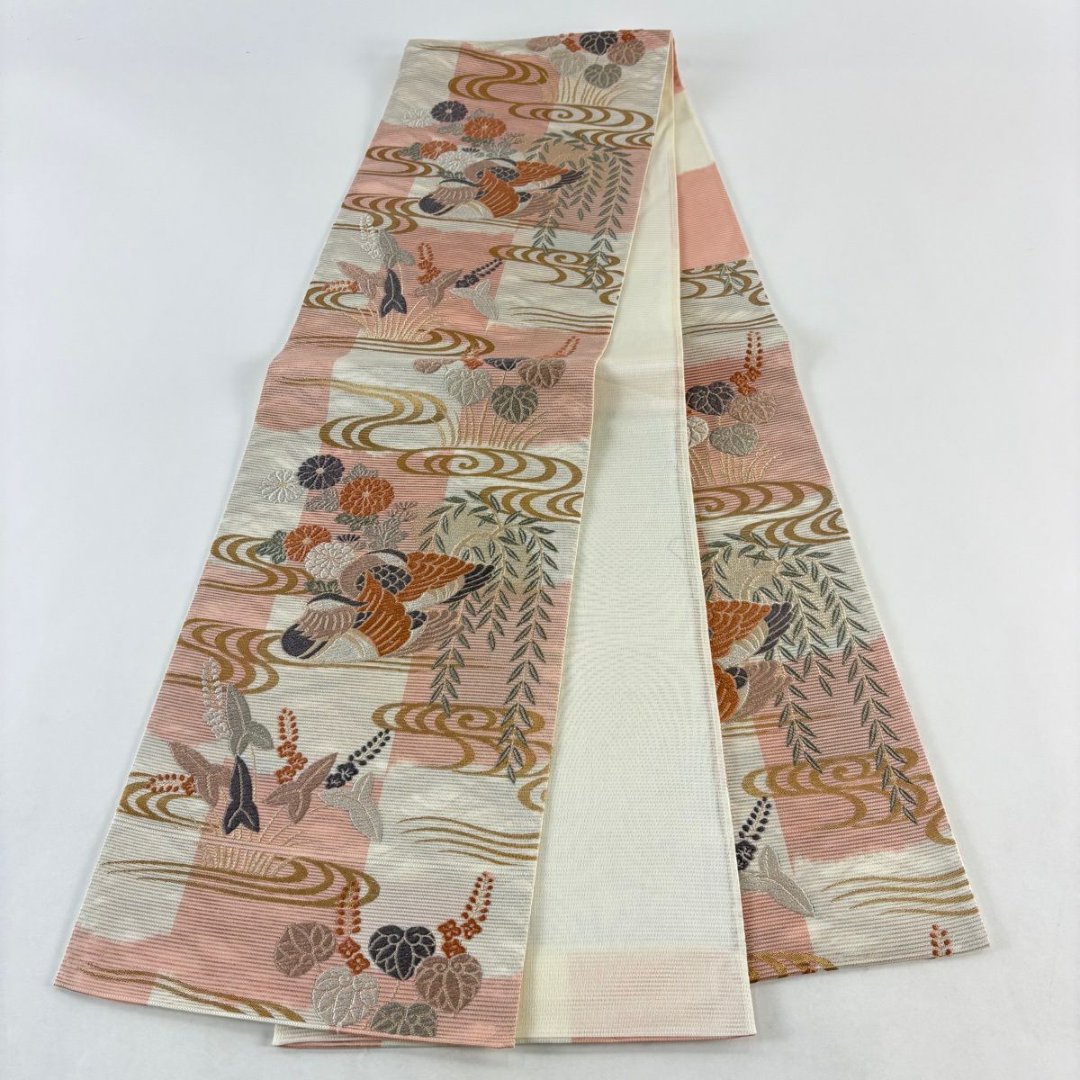 【美品】 袋帶 秀品級 夏帶 絽 鴛鴦 草花紋紋 刺繡 金金箔 米色 六通 純蠶絲