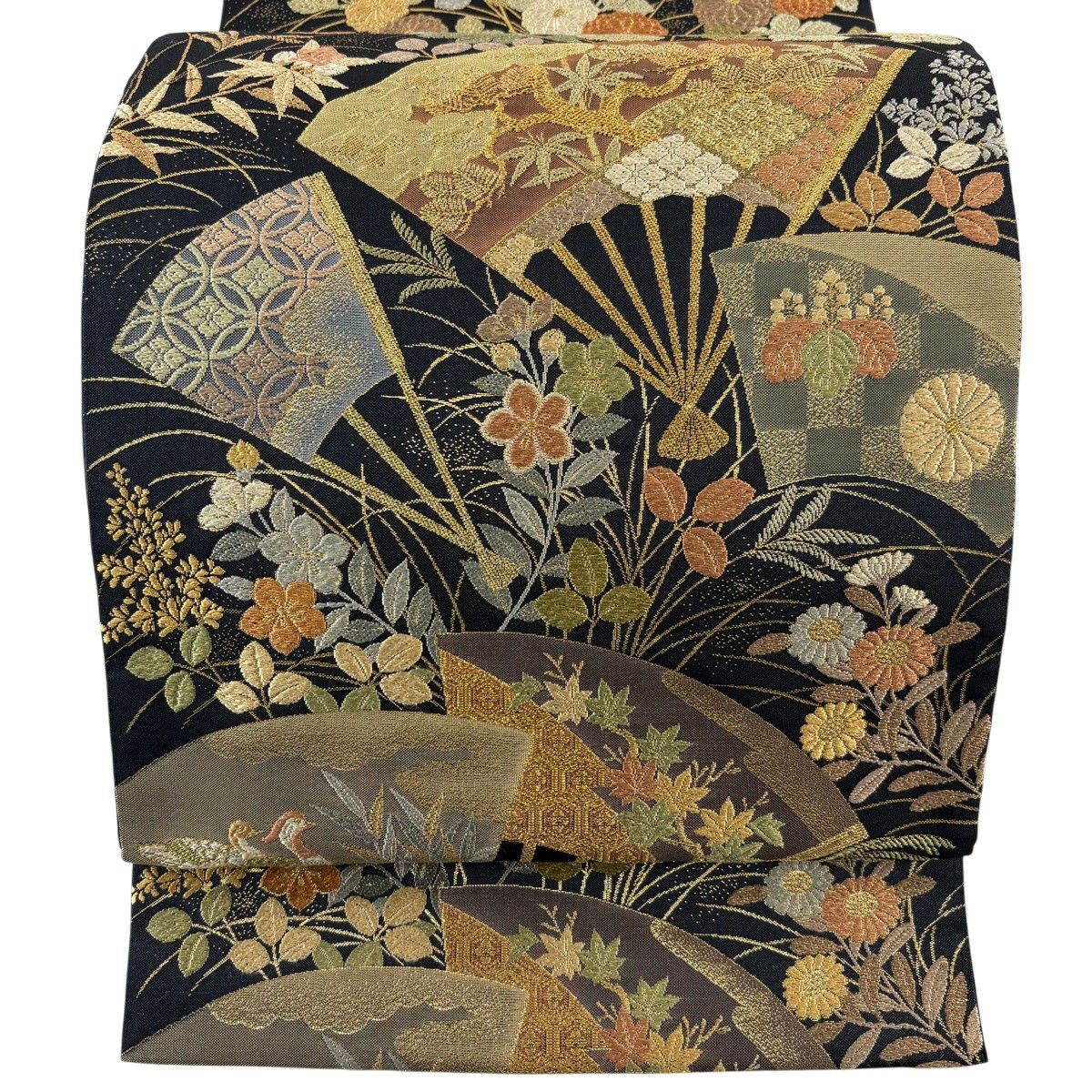 【美品】 袋帶 秀品級 高台寺蒔繪扇子紋 金絲 刺繡 黑 六通 純蠶絲