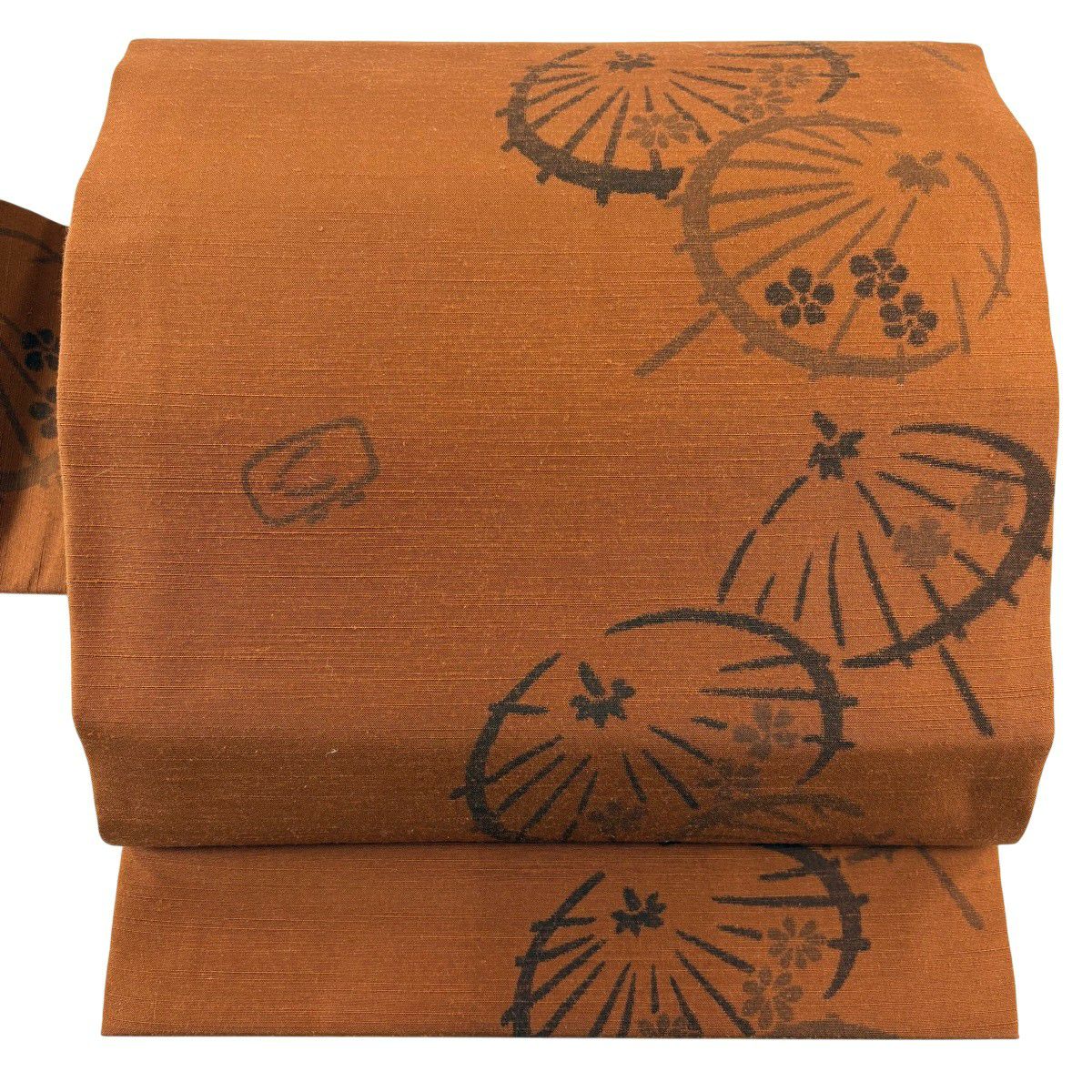 【美品】 名古屋帶 秀品級 紬織織 傘 下駄 茶 純蠶絲