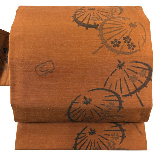 【美品】 名古屋帶 秀品級 紬織織 傘 下駄 茶 純蠶絲