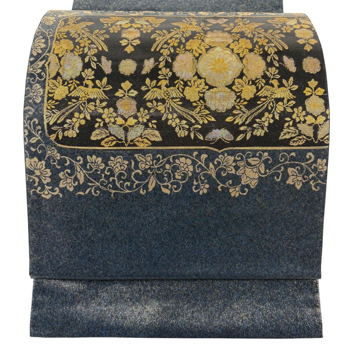 【美品】 袋帶 秀品級 鈴乃屋 華紋 鳥 螺鈿金金箔 深藍色 大鼓圖案 純蠶絲