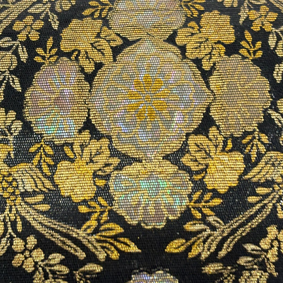 【美品】 袋帶 秀品級 鈴乃屋 華紋 鳥 螺鈿金金箔 深藍色 大鼓圖案 純蠶絲