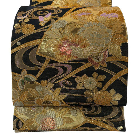 袋帶 秀品級 振袖禮服禮服用 草花紋紋 蝶 金金箔 金銀彩 黑 六通 純蠶絲