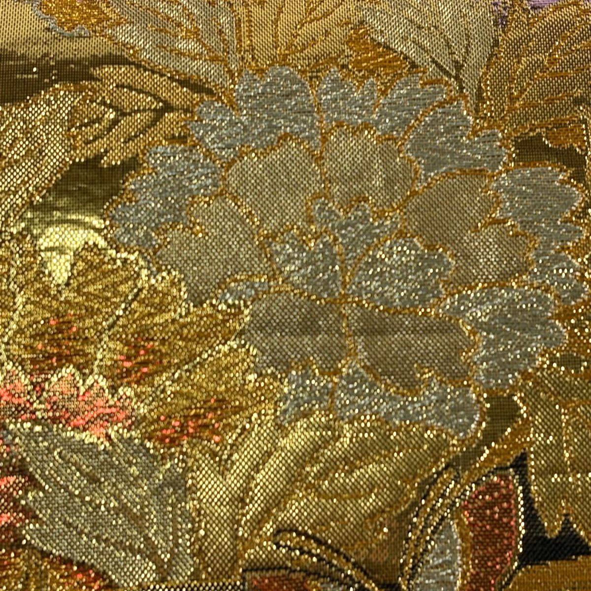 袋帶 秀品級 振袖禮服禮服用 草花紋紋 蝶 金金箔 金銀彩 黑 六通 純蠶絲
