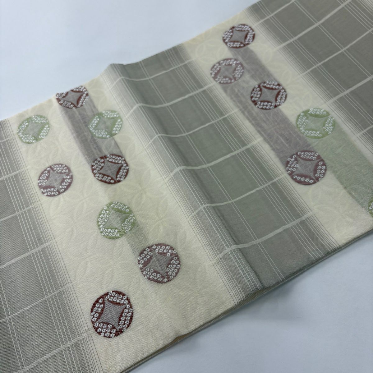 【美品】 袋帶 秀品級 證書齊全 夏帶 紗 七寶紋 格子 奶油色 六通 純蠶絲