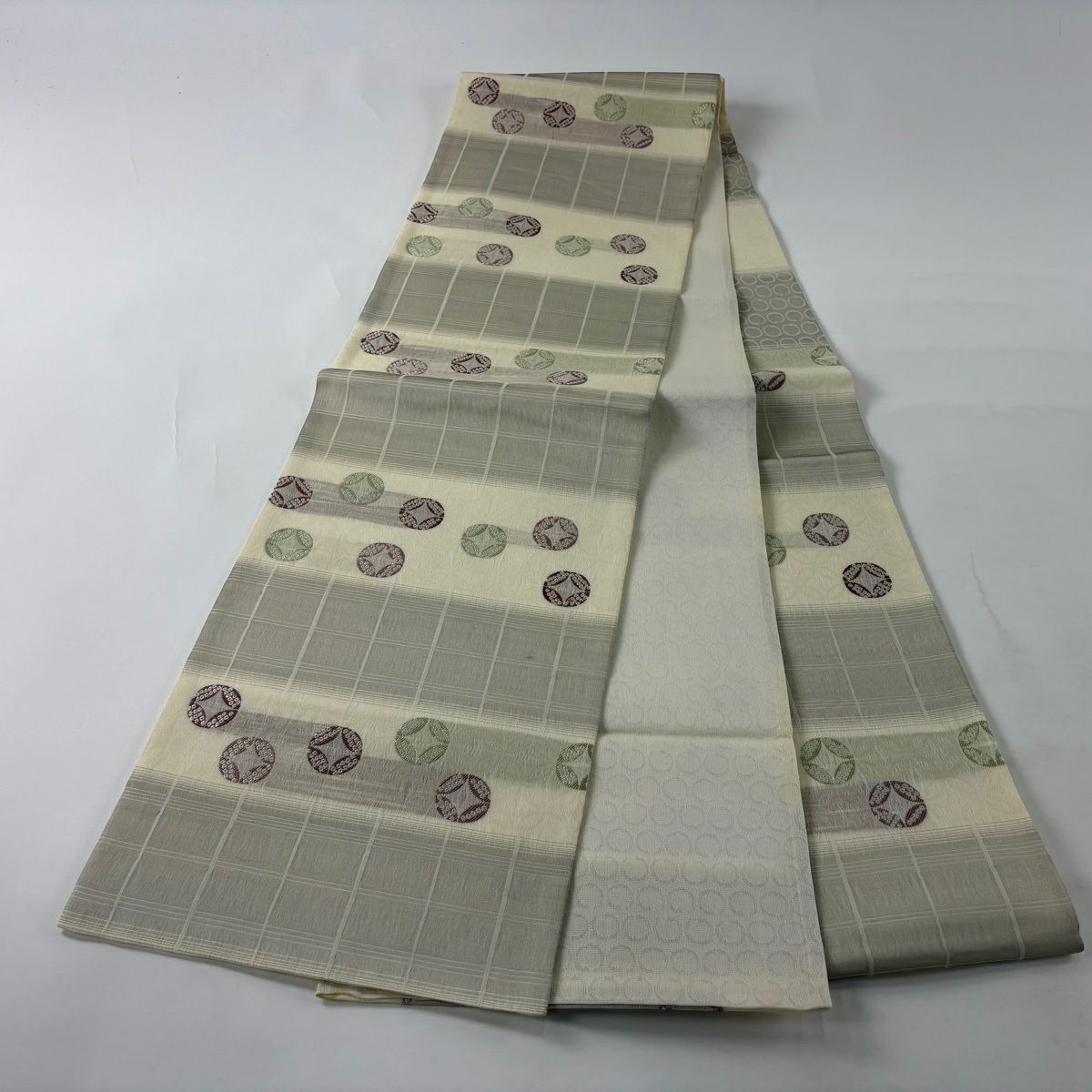 【美品】 袋帶 秀品級 證書齊全 夏帶 紗 七寶紋 格子 奶油色 六通 純蠶絲