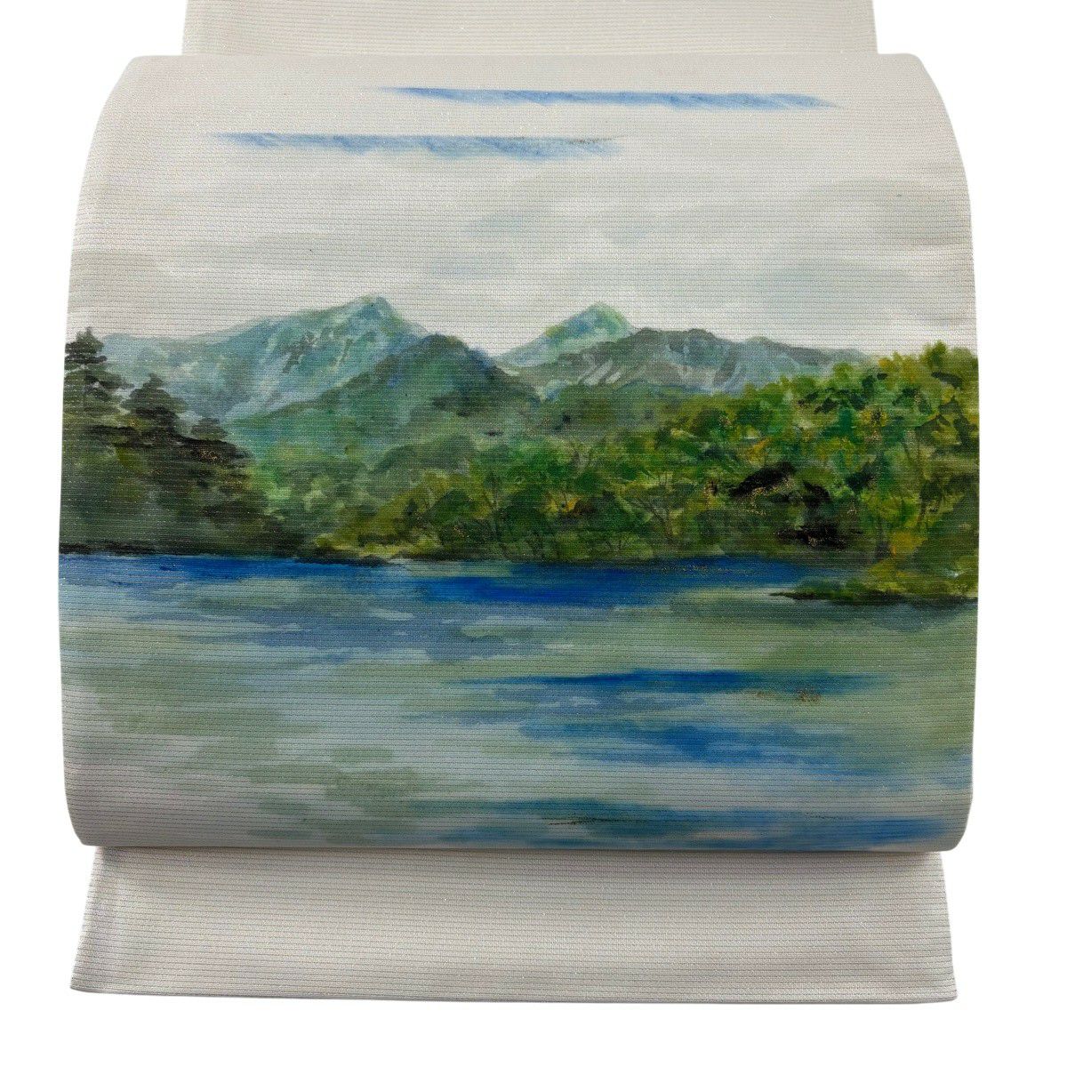 【美品】 袋帶 秀品級 落款あり 水邊的風景 磐梯山 金銀彩 金金箔 奶油色 大鼓圖案 純蠶絲