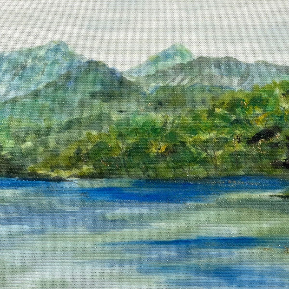 【美品】 袋帶 秀品級 落款あり 水邊的風景 磐梯山 金銀彩 金金箔 奶油色 大鼓圖案 純蠶絲