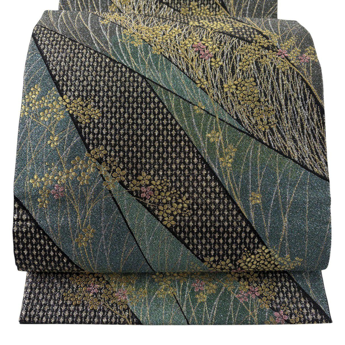 【美品】 袋帶 秀品級 梅花 幾何圖案 金絲 金金箔 灰綠 六通 純蠶絲