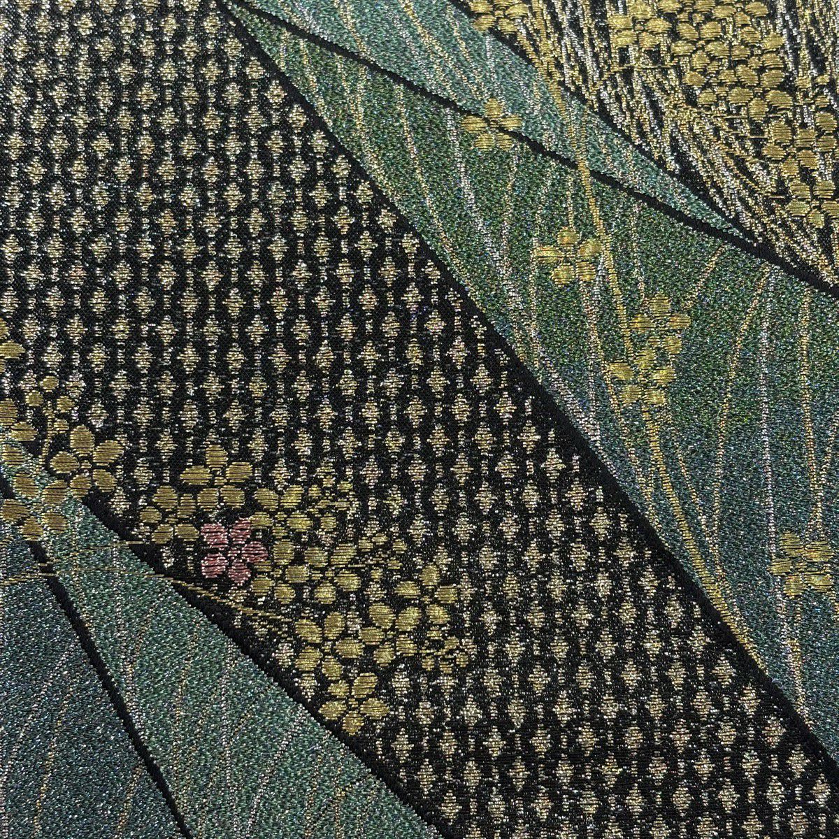 【美品】 袋帶 秀品級 梅花 幾何圖案 金絲 金金箔 灰綠 六通 純蠶絲