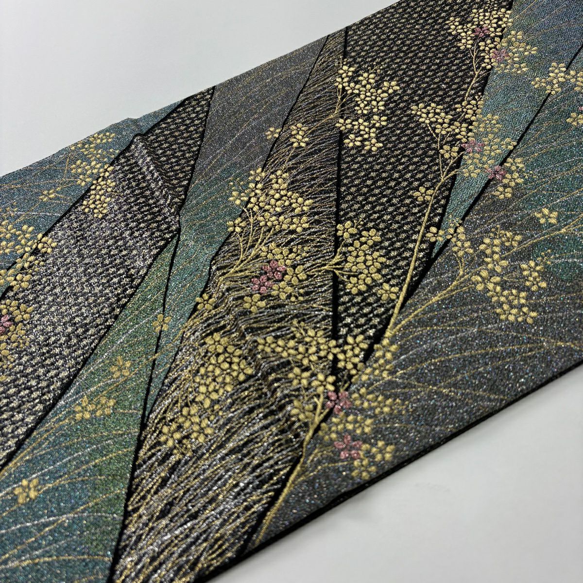 【美品】 袋帶 秀品級 梅花 幾何圖案 金絲 金金箔 灰綠 六通 純蠶絲