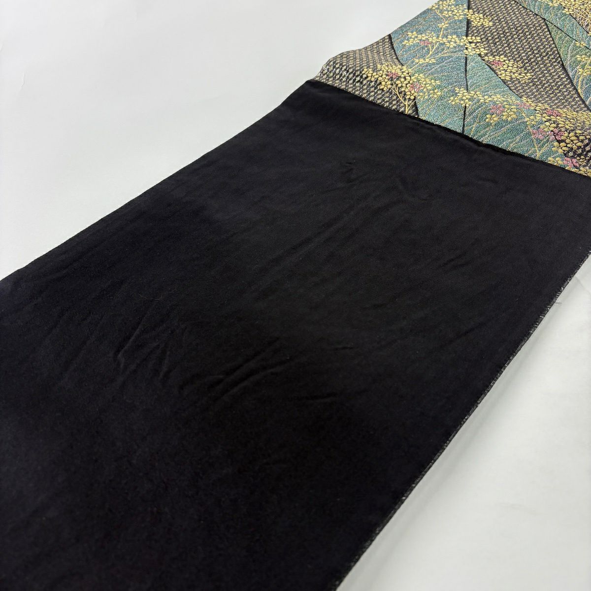 【美品】 袋帶 秀品級 梅花 幾何圖案 金絲 金金箔 灰綠 六通 純蠶絲