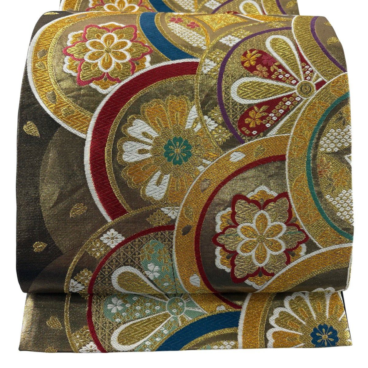 【美品】 袋帶 秀品級 花 菱 刺繡 金絲 金 六通 純蠶絲
