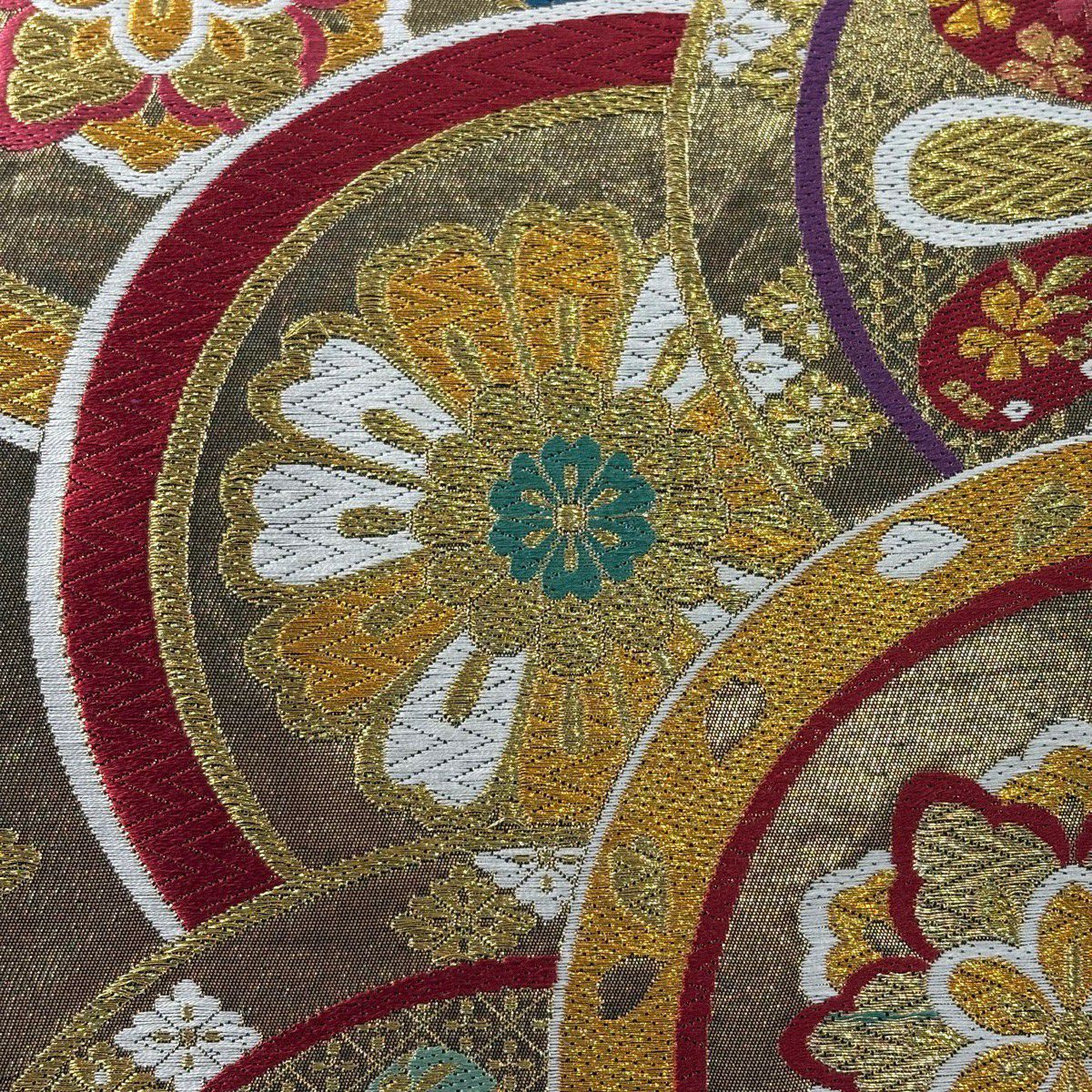 【美品】 袋帶 秀品級 花 菱 刺繡 金絲 金 六通 純蠶絲