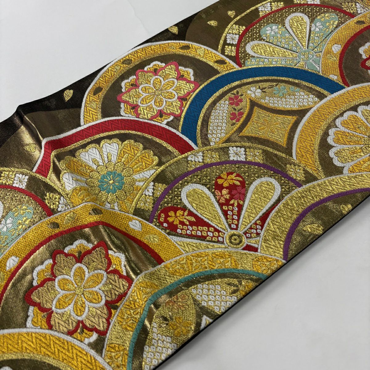 【美品】 袋帶 秀品級 花 菱 刺繡 金絲 金 六通 純蠶絲