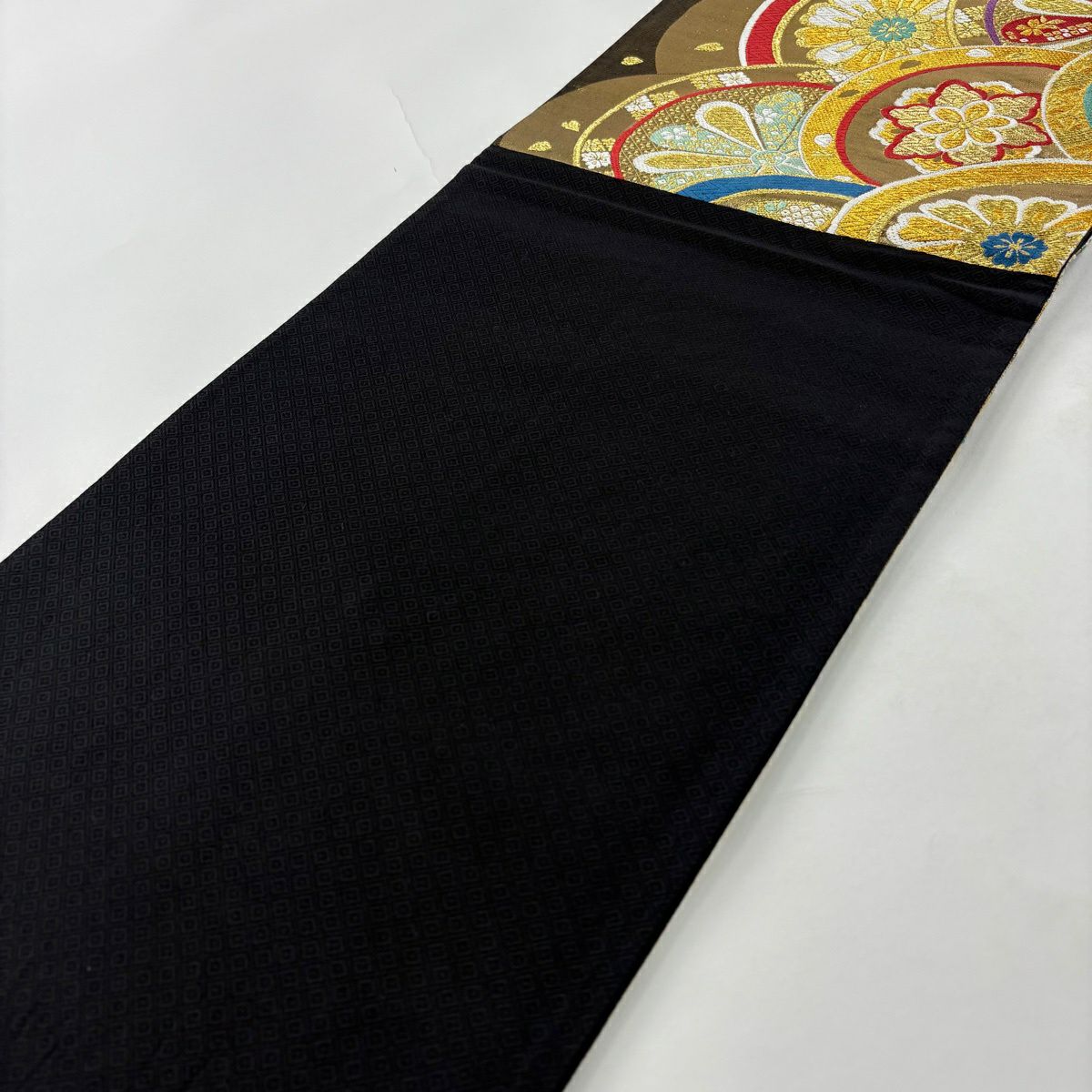 【美品】 袋帶 秀品級 花 菱 刺繡 金絲 金 六通 純蠶絲