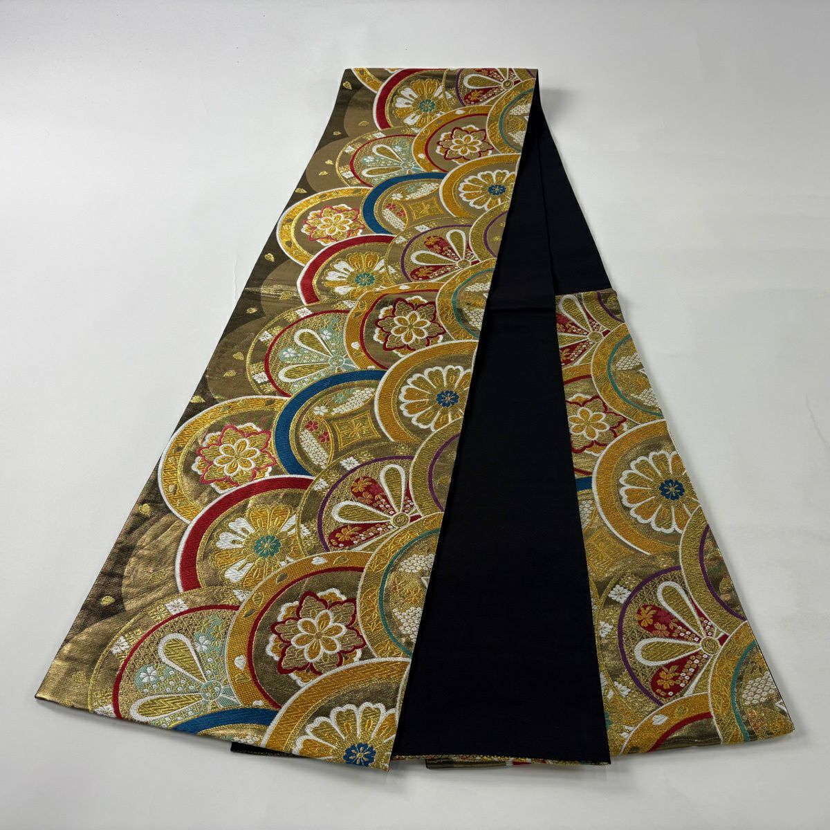 【美品】 袋帶 秀品級 花 菱 刺繡 金絲 金 六通 純蠶絲
