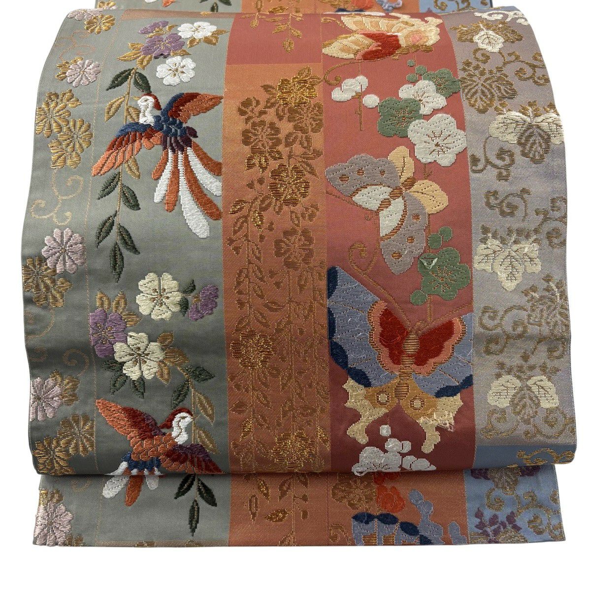袋帶 秀品級 饗宴短冊文 花鳥 蝶 刺繡 金絲 灰綠 六通 純蠶絲