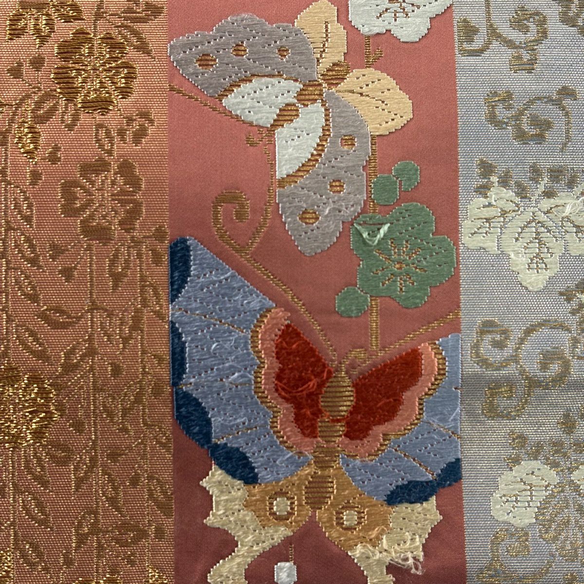 袋帶 秀品級 饗宴短冊文 花鳥 蝶 刺繡 金絲 灰綠 六通 純蠶絲