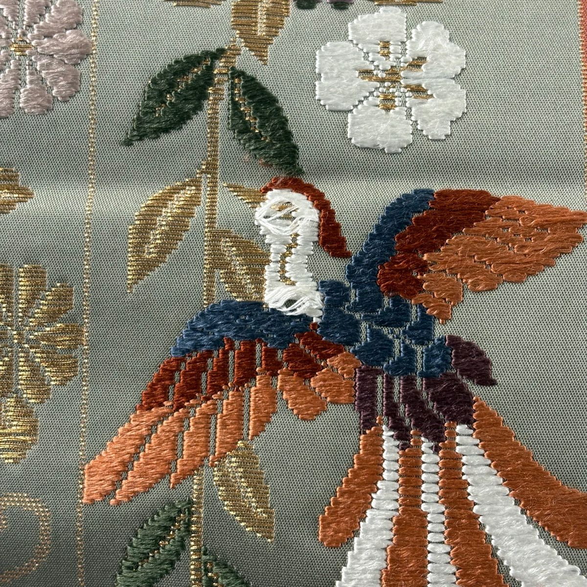 袋帶 秀品級 饗宴短冊文 花鳥 蝶 刺繡 金絲 灰綠 六通 純蠶絲