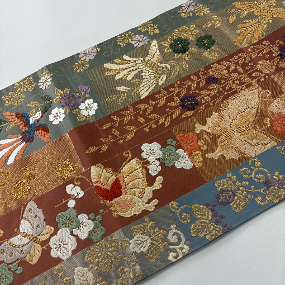 袋帶 秀品級 饗宴短冊文 花鳥 蝶 刺繡 金絲 灰綠 六通 純蠶絲