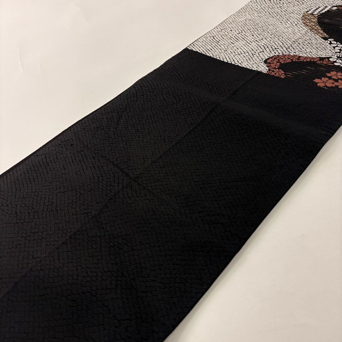 【美品】 袋帶 秀品級 櫻花 疋田紋 金金箔 黑 六通 純蠶絲