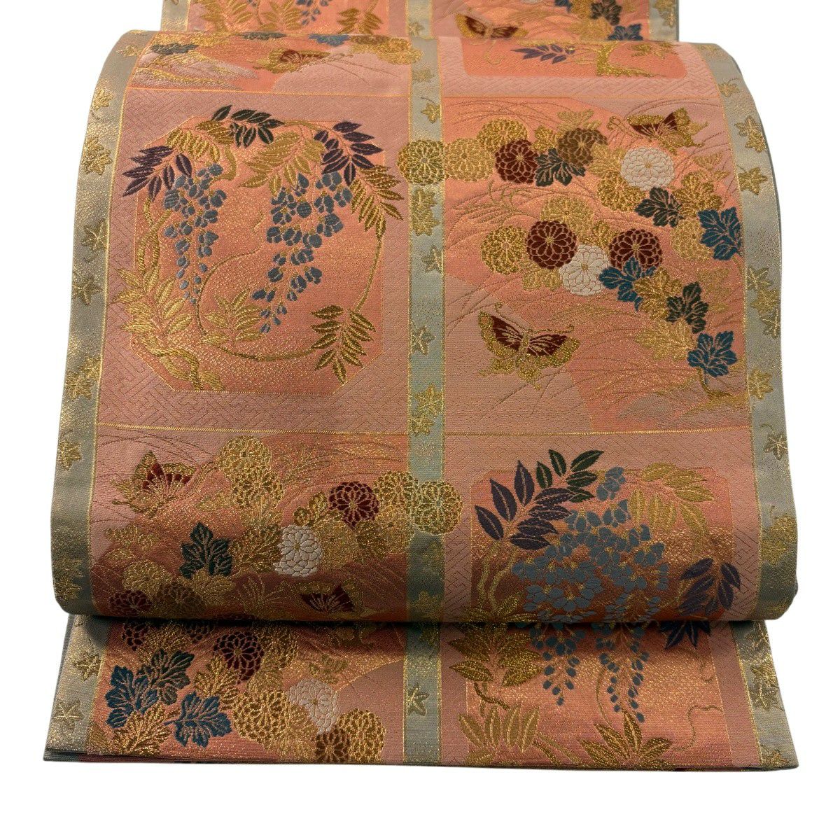 【美品】 袋帶 秀品級 蝶 菊花 金糸 金金箔 鮭粉色 六通 純蠶絲