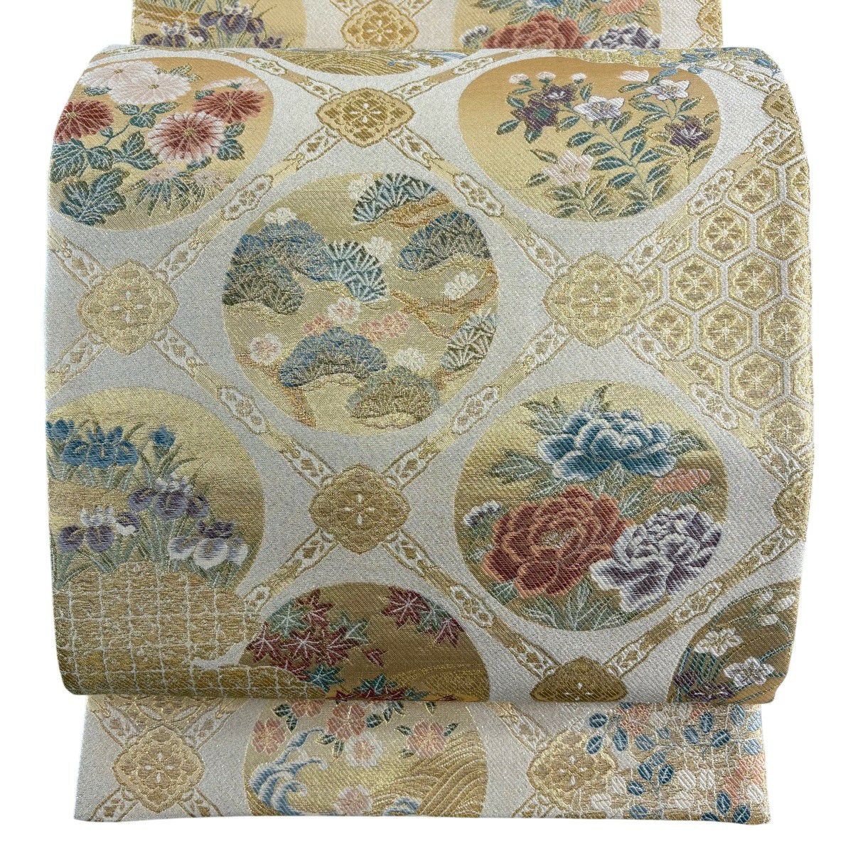 【美品】 袋帶 秀品級 松樹梅花 草花紋 金絲 金金箔 金色 六通 純蠶絲