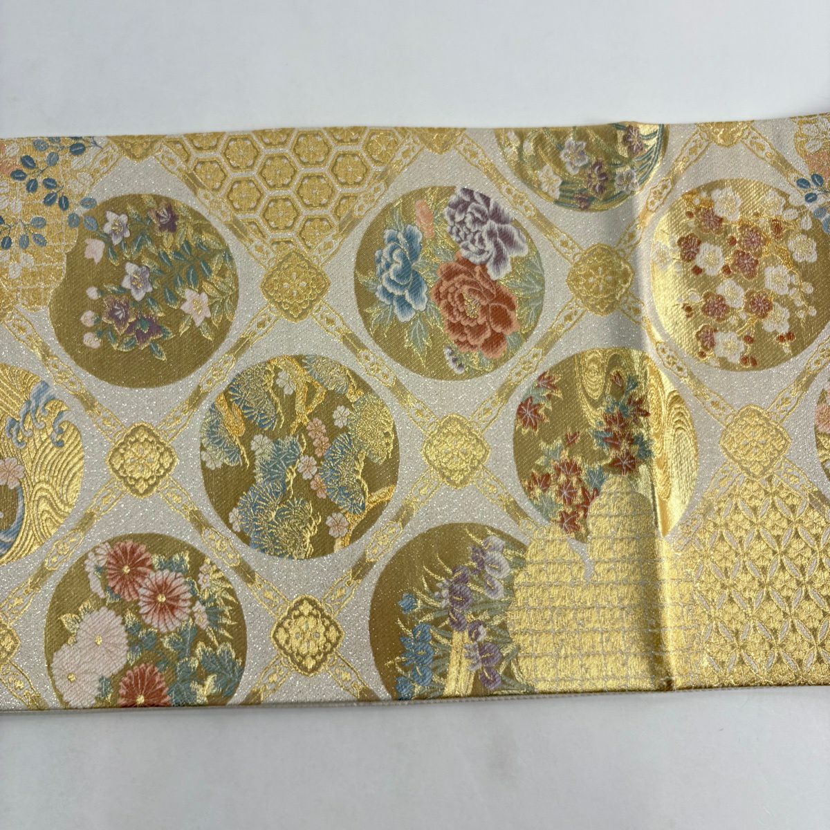 【美品】 袋帶 秀品級 松樹梅花 草花紋 金絲 金金箔 金色 六通 純蠶絲