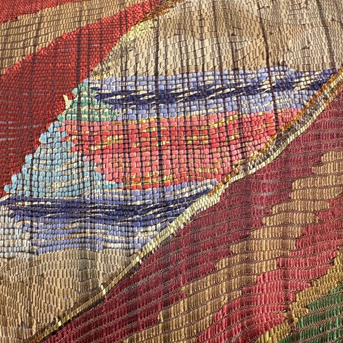 【美品】 袋帶 秀品級 夏帶 幾何學 金金箔 茜色 大鼓圖案 純蠶絲