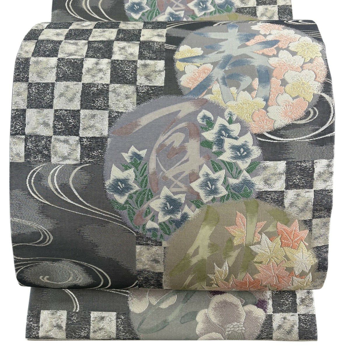 【美品】 袋帶 秀品級 關西仕立 雜字紋 市松樹 銀線 金金箔 灰色 六通 純蠶絲