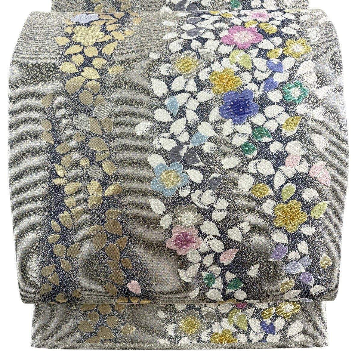 【美品】 袋帶 秀品級 證書齊全 櫻花花瓣 金銀絲 金金箔 銀色 六通 純蠶絲