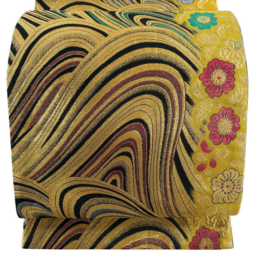 【美品】 袋帶 優品級 振袖禮服禮服用 櫻花 幾何學 金絲 金金箔 金 六通 純蠶絲