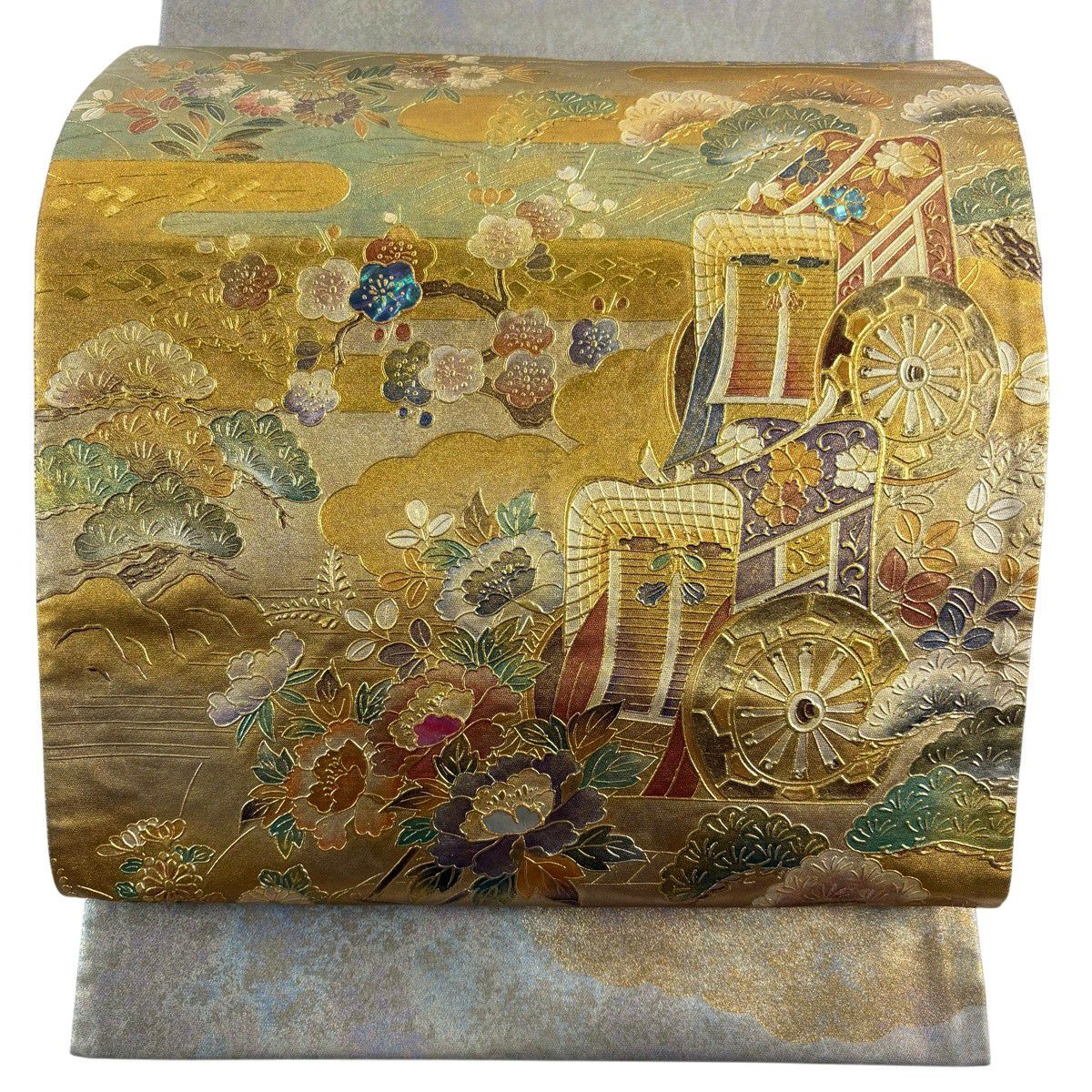 袋帶 秀品級 御所車 松樹梅花 金銀彩 金色 大鼓圖案 純蠶絲
