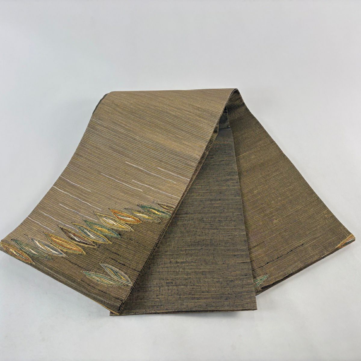 【美品】 袋帶 秀品級 葉紋 金絲 金金箔 金茶 大鼓紋 純蠶絲