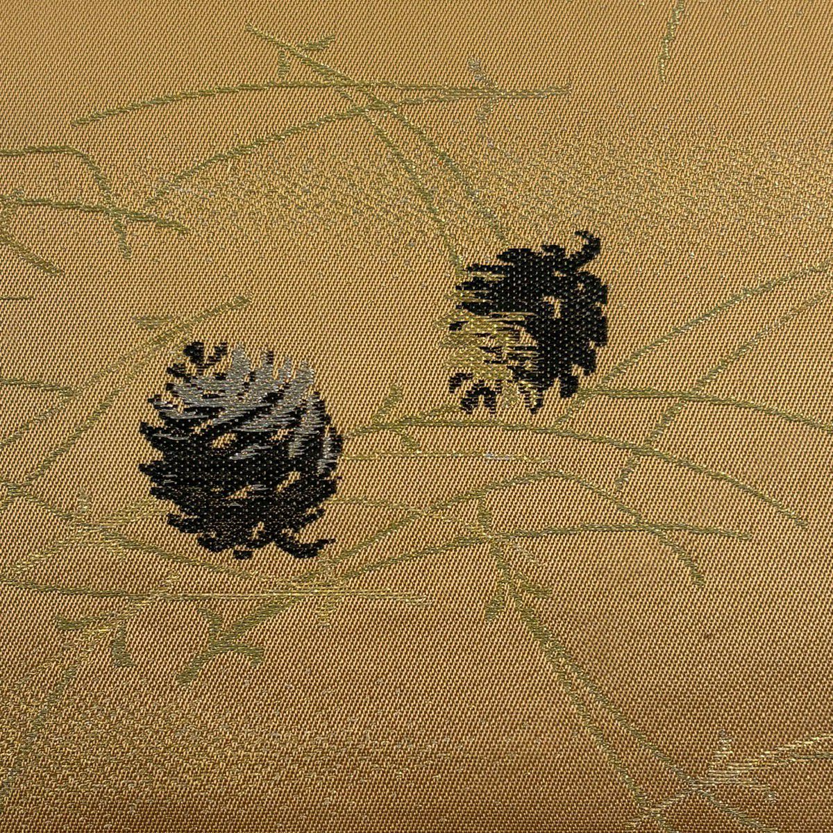 開口名古屋帶 優品級 松樹筍 松樹葉 金金箔 金絲 黃土色 純蠶絲