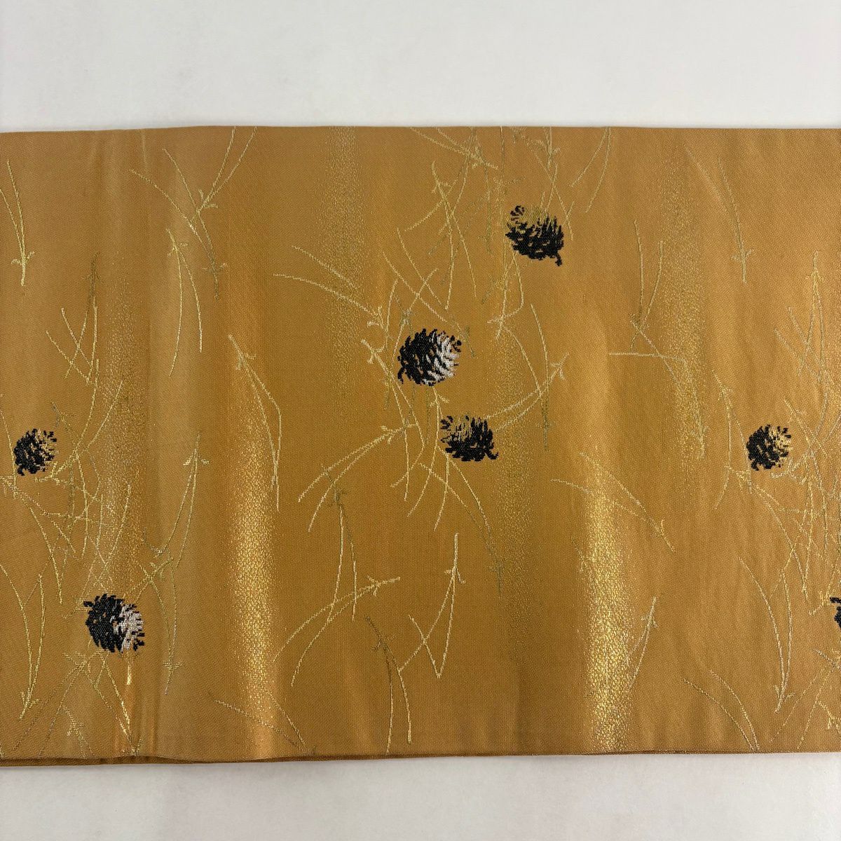 開口名古屋帶 優品級 松樹筍 松樹葉 金金箔 金絲 黃土色 純蠶絲