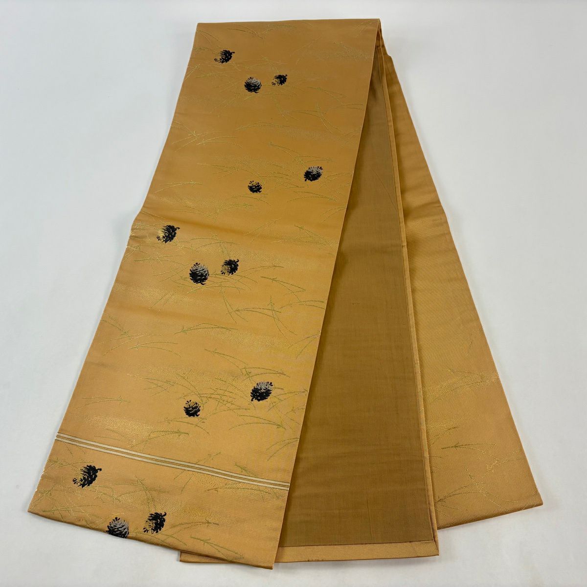 開口名古屋帶 優品級 松樹筍 松樹葉 金金箔 金絲 黃土色 純蠶絲