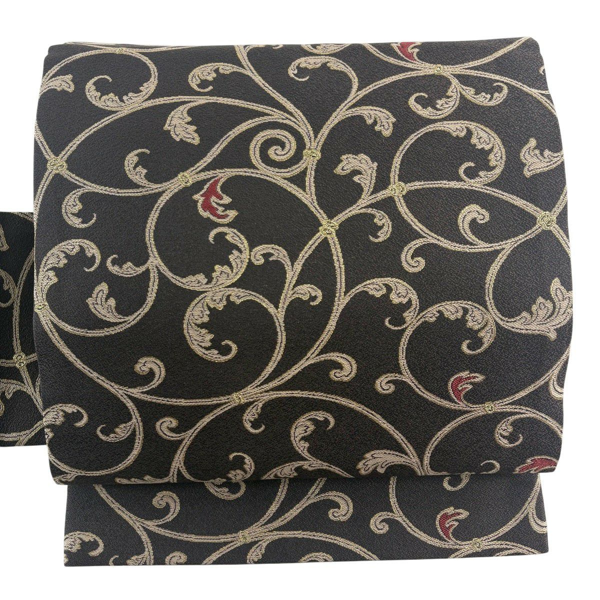 【美品】 名古屋帶 秀品級 唐草紋 金金箔 金絲 焦茶 純蠶絲