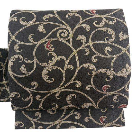 【美品】 名古屋帶 秀品級 唐草紋 金金箔 金絲 焦茶 純蠶絲