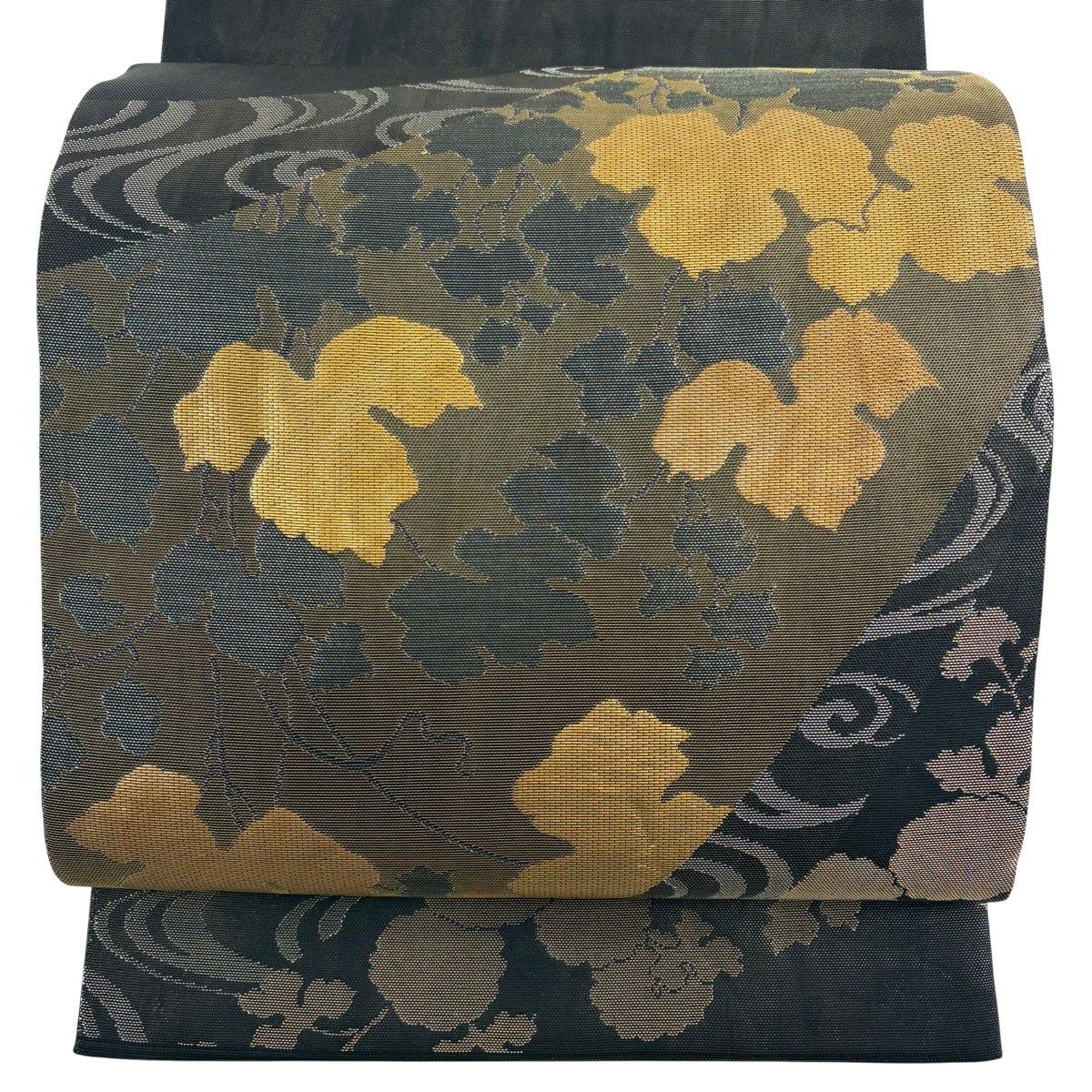 【美品】 袋帶 秀品級 關西仕立 焦茶色 蔦流水 金金箔 大鼓圖案 純蠶絲