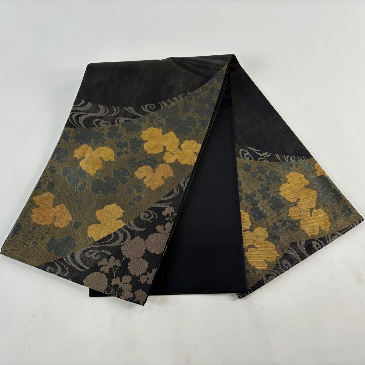 【美品】 袋帶 秀品級 關西仕立 焦茶色 蔦流水 金金箔 大鼓圖案 純蠶絲