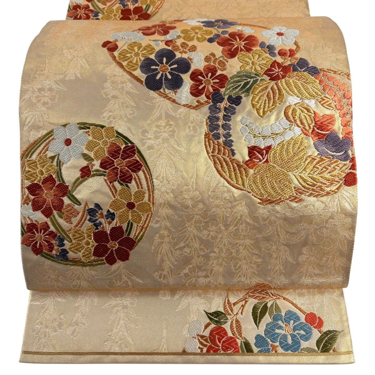 袋帶 秀品級 花丸紋 梅花 唐織 金金箔 金色 六通 純蠶絲