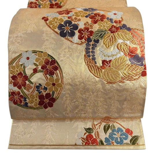 袋帶 秀品級 花丸紋 梅花 唐織 金金箔 金色 六通 純蠶絲