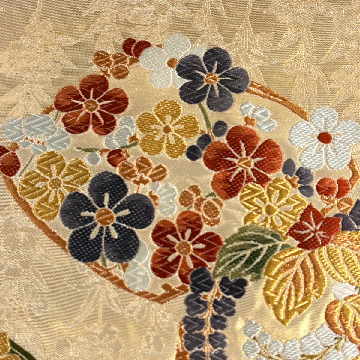 袋帶 秀品級 花丸紋 梅花 唐織 金金箔 金色 六通 純蠶絲